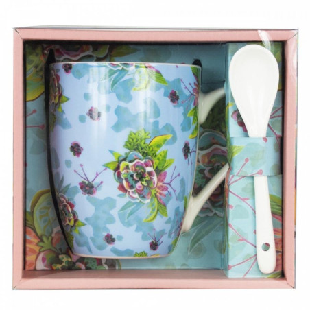 Taza ceramica con cuchara enesco flores